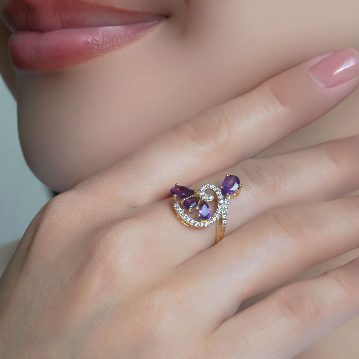 SZ14518 Ring Silver 925 African Amethyst White Topaz (Gold Plated)