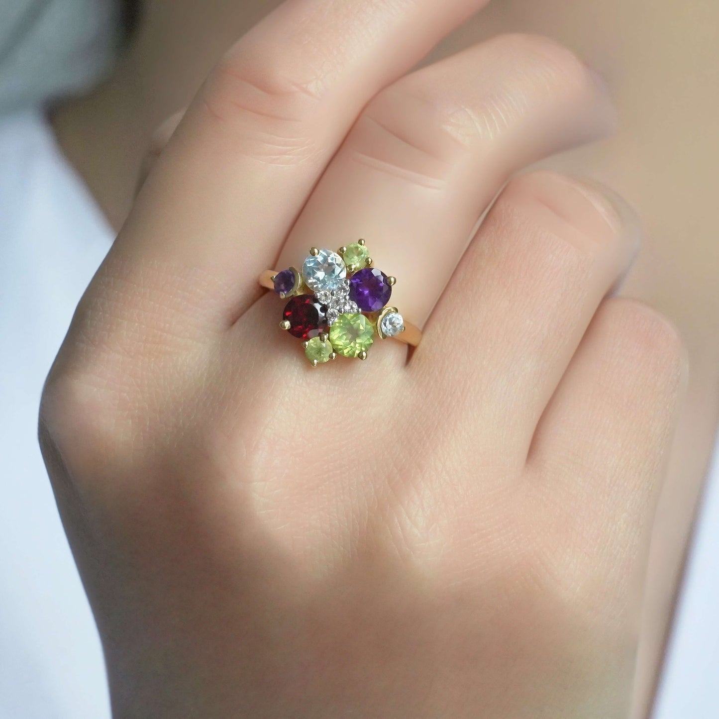 SZ14580 Ring Silver 925 African Amethyst Garnet Peridot Sky Blue Topaz African Amethyst Peridot Sky Blue Topaz White Topaz (Gold Plated)