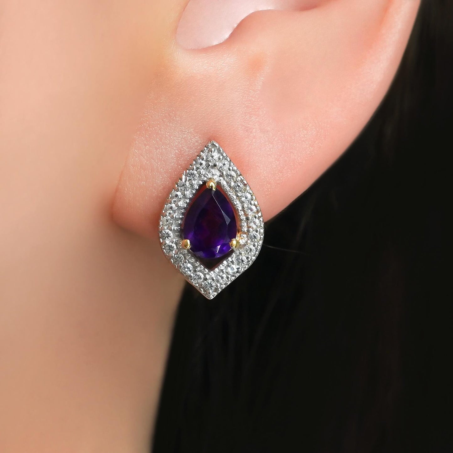 SZ14437 Earrings 925 Silver African Amethyst Topaz White (Gold Plated)