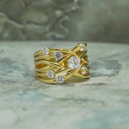 Кольцо CC01285 из меди с покрытием 18K желтым золотом и кубическим цирконием