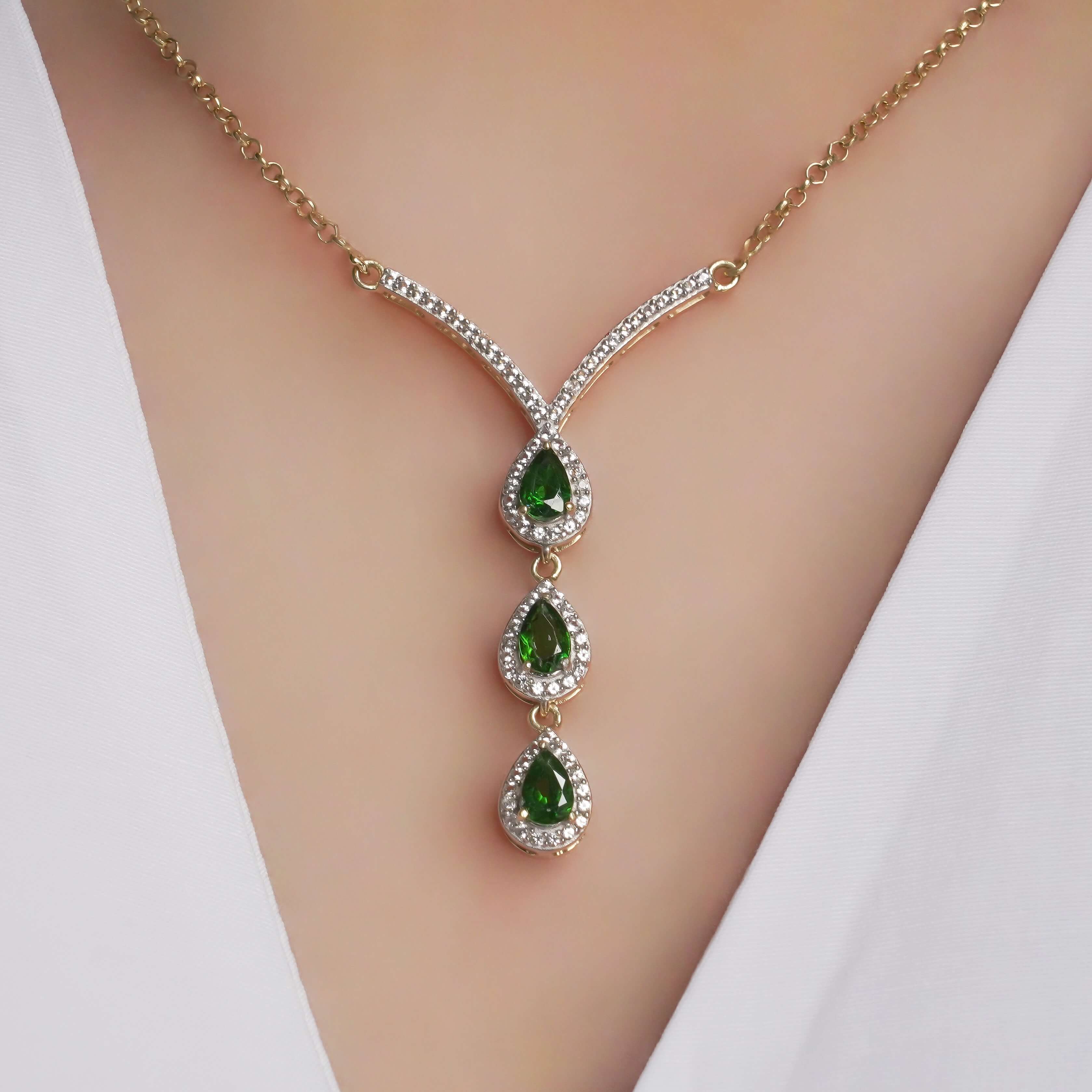 SZ14684 Necklace Sterling Silver 925 Chrome Diopside White Topaz (Gold Plated)