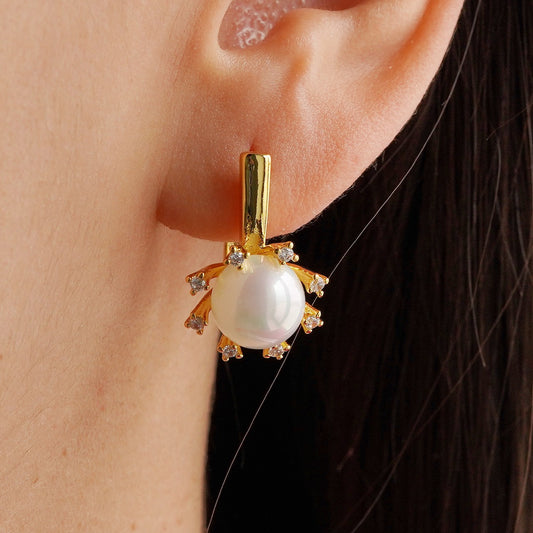 CC01543 Earrings 18K Yellow Gold Plated Copper Cubic Zirconia and Simulated Pearl