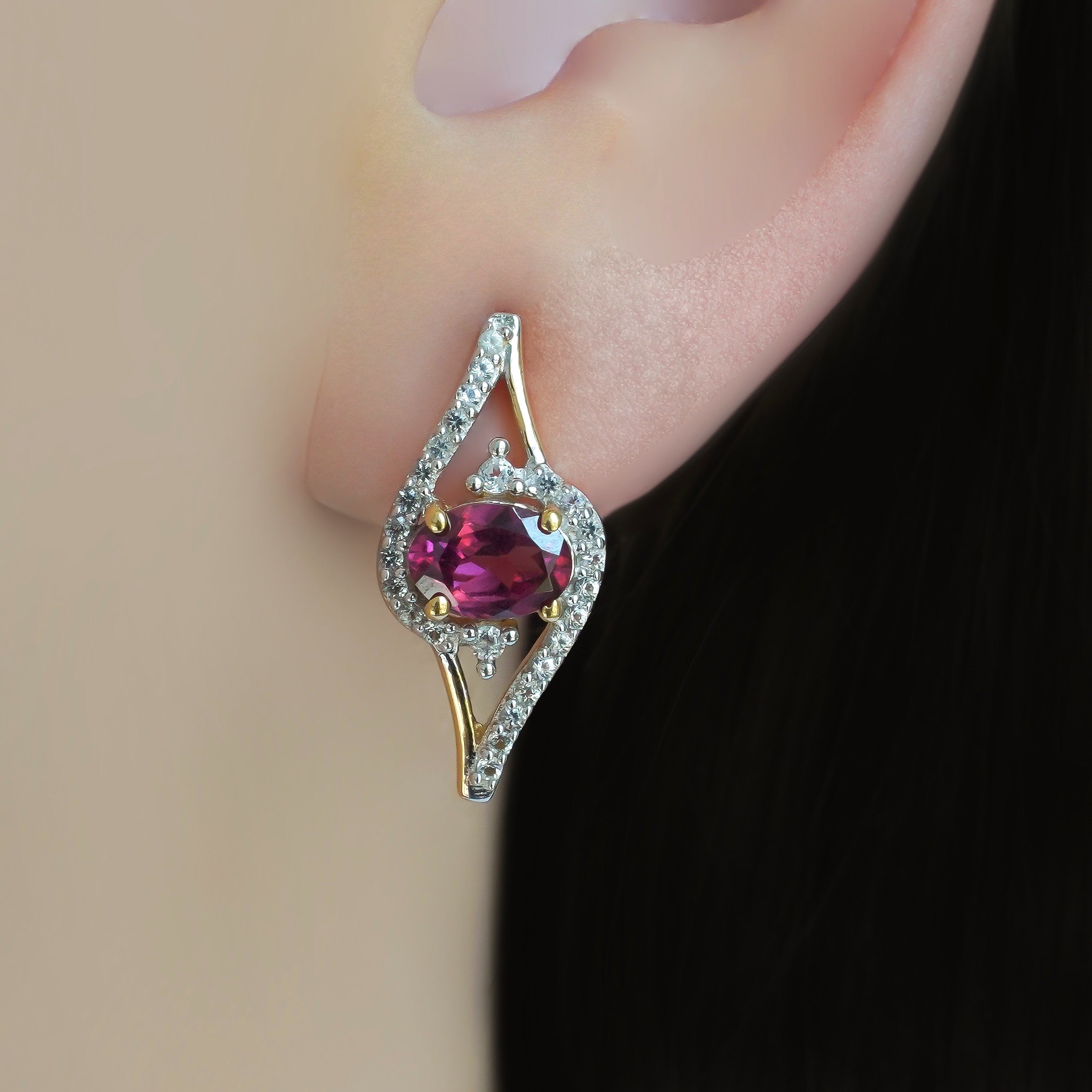 SZ14367 Earrings 925 Silver Rhodolite Topaz White (Gold Plated)