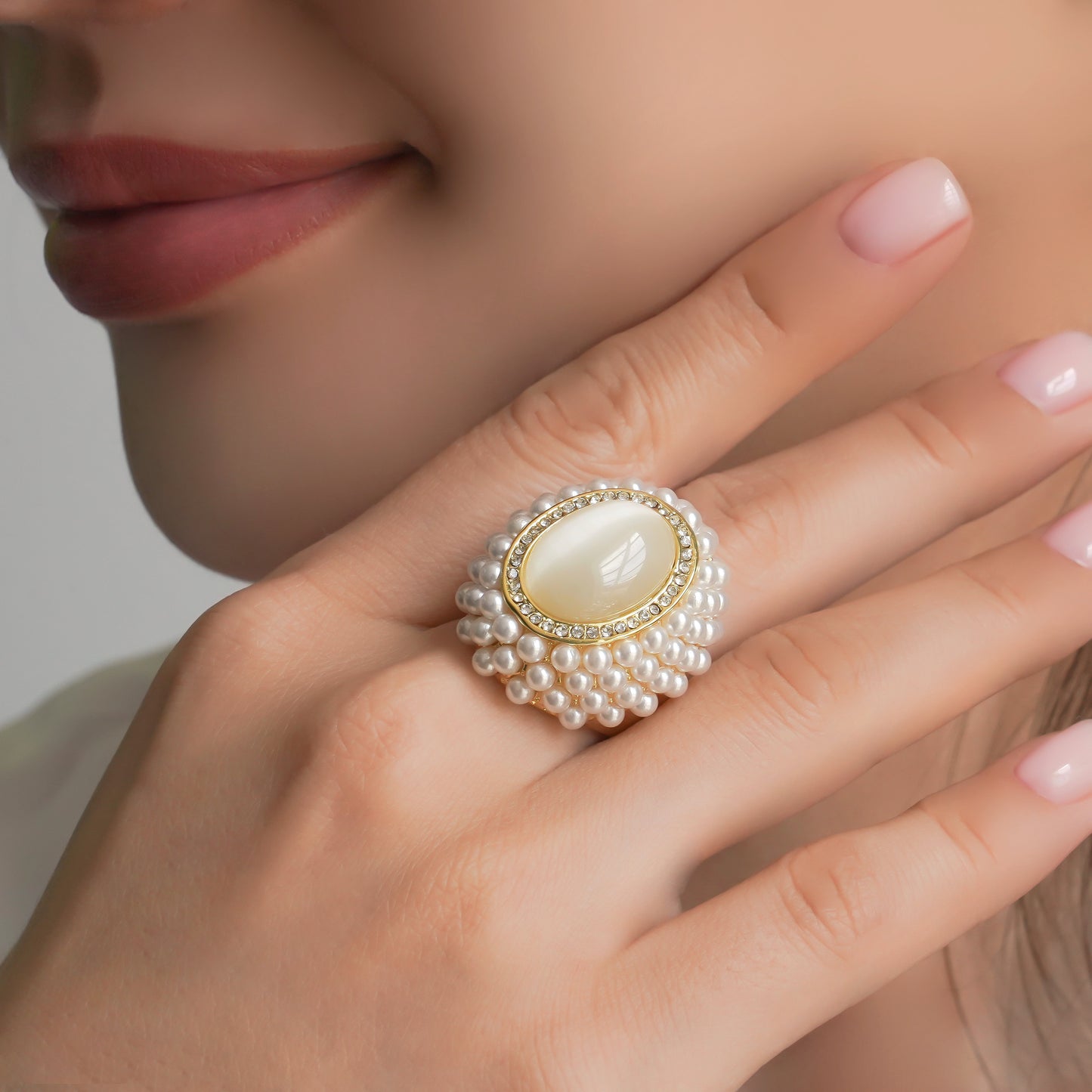 CC00968 Ring 18K Gold Plated Alloy Simulated Pearl, Cat's Eye Linde