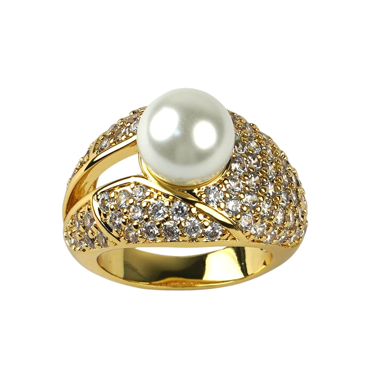 CC01073 Ring 18K Yellow Gold Plated Copper Cubic Zirconia and Simulated Pearl